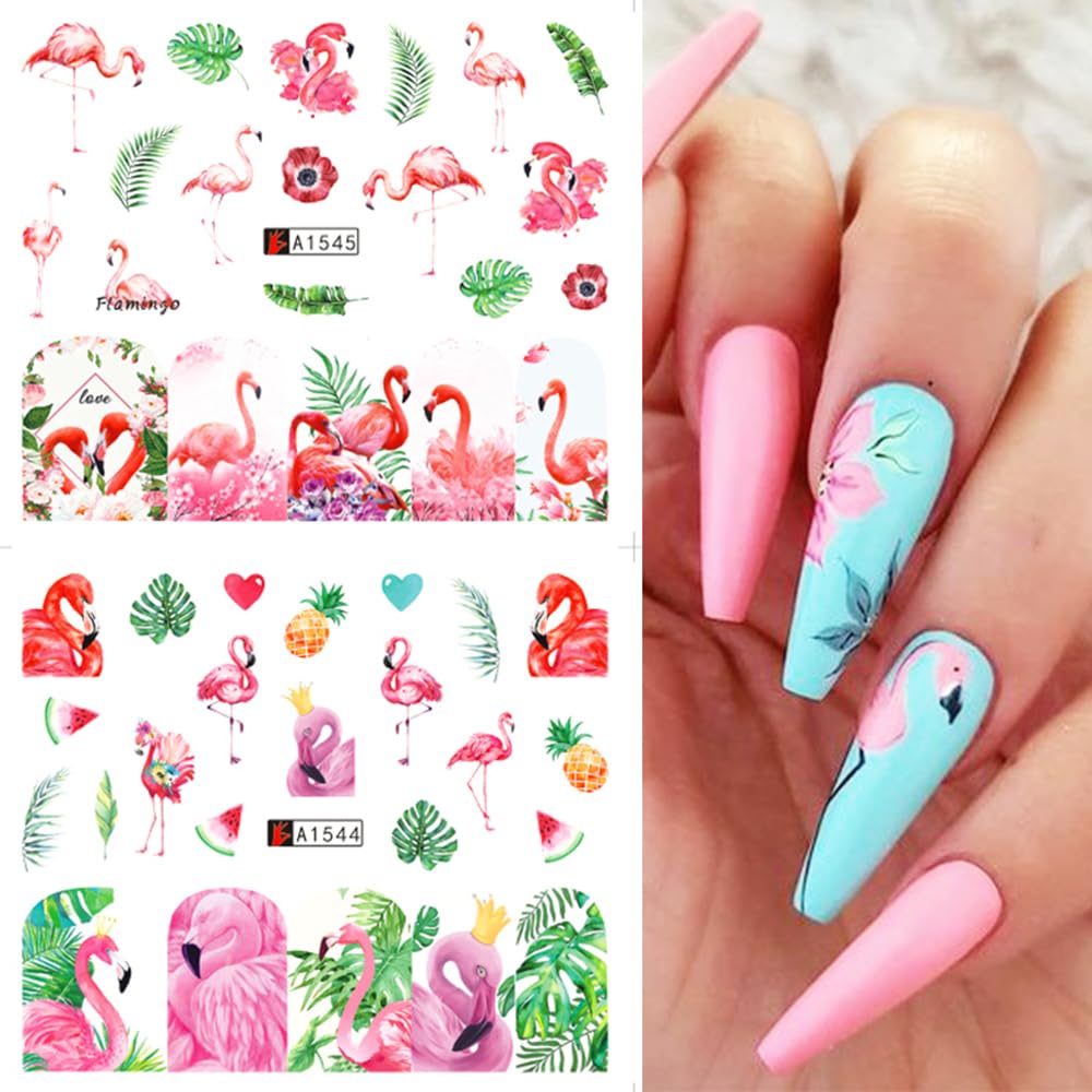 12 Sheet Flamingo Nail Art Stickers Cute Flamingo Green Leaf Design Water Transfer Nail Decals Summer Nail Art Decorations Waterproof Acrylic Nail Stickers for Women DIY Manicure Tips-BrightBean Baby