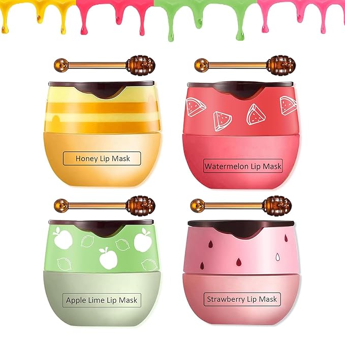 4 PCS Bee Lip Balm Honey Pot,Strawberry&Honey&Watermelon&Apple Lime Lip Sleeping Mask,Hydrating Prevention Dry and Cracked Lip Scrubs Exfoliator Lip Care,Moisturizing Lip Mask Overnight-BrightBean Baby