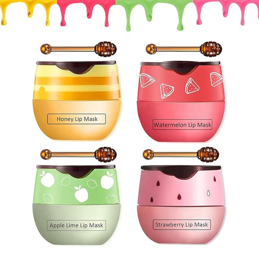 4 PCS Bee Lip Balm Honey Pot,Strawberry&Honey&Watermelon&Apple Lime Lip Sleeping Mask,Hydrating Prevention Dry and Cracked Lip Scrubs Exfoliator Lip Care,Moisturizing Lip Mask Overnight-BrightBean Baby