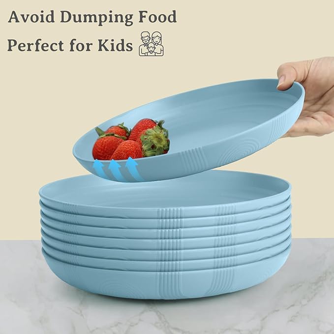Wrova Wheat Straw Plates - 10 Inch Unbreakable Deep Dinner Plate Set of 8 - Dishwasher & Microwave Safe Plastic Plates Reusable - Lightweight Plate for Kitchen,Outdoor, RV. (Light Blue)