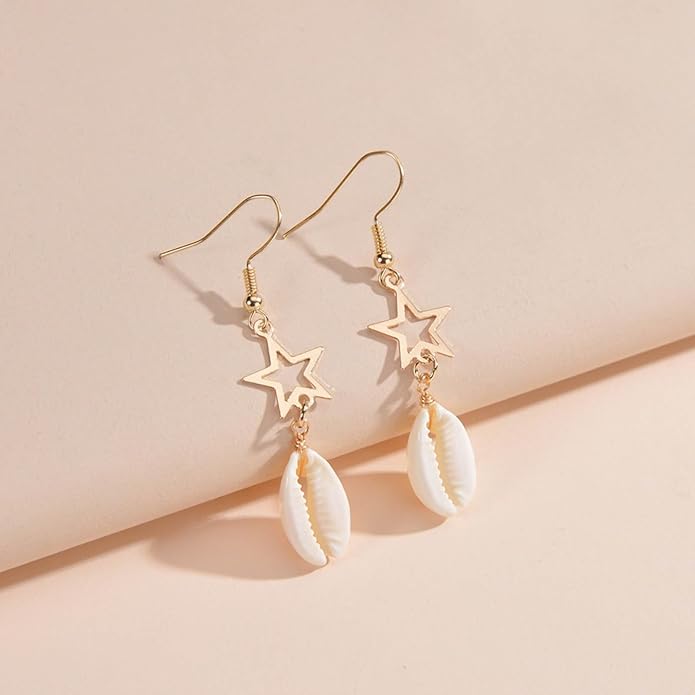 Boho Shell Drop Earrings Vintage Gold Star Shell Dangle Earrings Statement Cowrie Shell Hook Earrings Summer Beach Seashell Earrings Jewelry for Women-BrightBean Baby