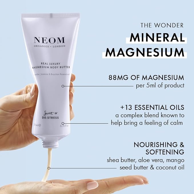 Neom - Magnesium Body Butter | 6.76 Fl Oz (200ml) | Lavender, Sandalwood & Jasmine | Calming Lotion with Essential Oils | 100% Natural Fragrances | Nourish & Soften | Signature De-Stress Scent-BrightBean Baby