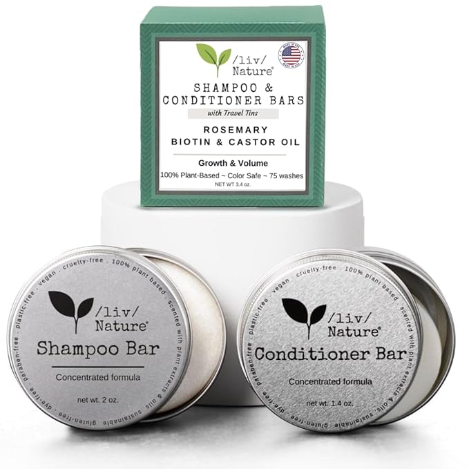 Shampoo Bar and Conditioner with Travel Tins | Rosemary, Biotin, Castor Oil | Growth, Volume, Thickening | For Thinning Hair | USA 2-pk-BrightBean Baby