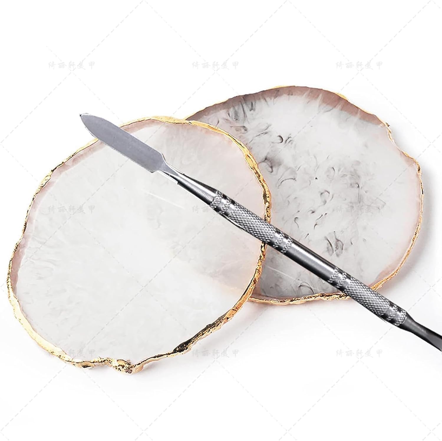 2 Pcs Resin Nail Palette Nail Polish Palette Nail Art Palette with Stainless Stirring Rod (Gray and White)-BrightBean Baby