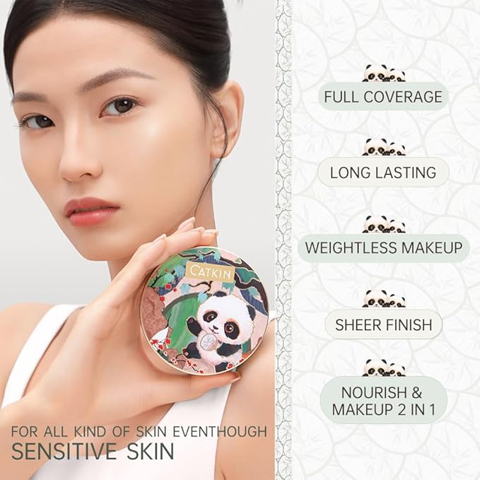 CATKIN Panda Land Full Coverage Cushion Fondation, Breathable Hydrating Nourishing Poreless Face Makeup Save for Sensitive Skin,Sheer Finish (W12 Golden Medium)-BrightBean Baby