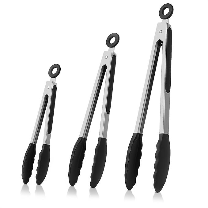 3Pcs Kitchen Tongs with Silicone Tips - Tong Set 7/9/12" | Silicone Tongs for Cooking Heat Resistant, High Temperature, Non Stick, Built-In Lock Ring - Stainless Steel Kitchen Utensils for Cooking