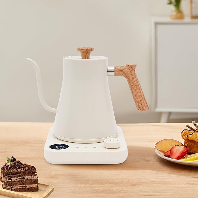 0.9L Electric Kettles, Gooseneck Electric Kettle with Stainless Steel Inner, 104-212℉ temperature adjusted,Quick Heating for Pour Over Coffee, Brew Tea, Boil Hot Water (White)