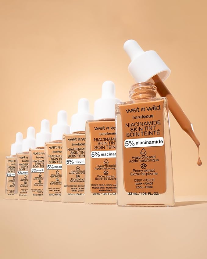 wet n wild Bare Focus Skin Tint, 5% Niacinamide Enriched, Buildable Sheer Lightweight Coverage, Natural Radiant Finish, Hyaluronic & Vitamin Hydration Boost, Cruelty-Free & Vegan - Light-BrightBean Baby