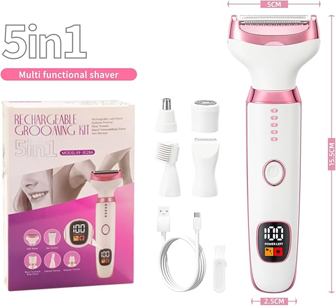 Electric Razors Shavers for Women, Bikini Trimmer 5 in 1 Electric Shaver Razor for Women Wet/Dry Face Razors for Face Nose Eyebrow Arms Armpit Legs Pubic Area Painless Facial Hair Removal