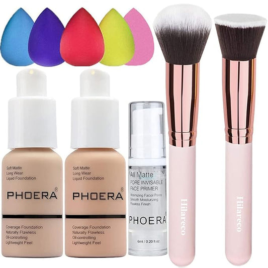 PHOERA Foundation 102 and 103 & Face Primer,Liquid Full Coverage Foundation Set,Foundation Brush Powder Brush,5 Makeup Sponge,30ml PHOERA 24HR Matte Oil Control Concealer (102 Nude + 103 Warm peach)-BrightBean Baby