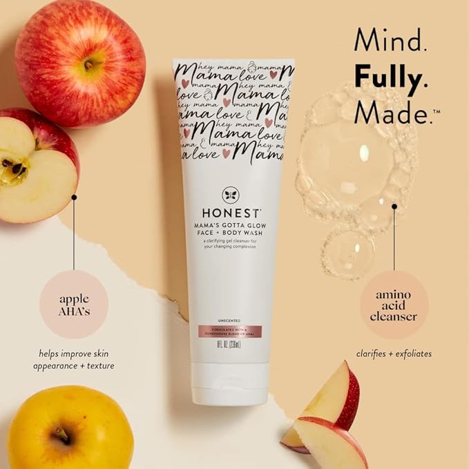 The Honest Company New Mama Care Essentials Gift Set | Hospital Bag Must Haves | Travel Size Nip Balm (0.5 oz), Glow On Body Cream (1 oz), Gotta Glow Face Wash (1.75 fl oz), Reusable Pouch-BrightBean Baby