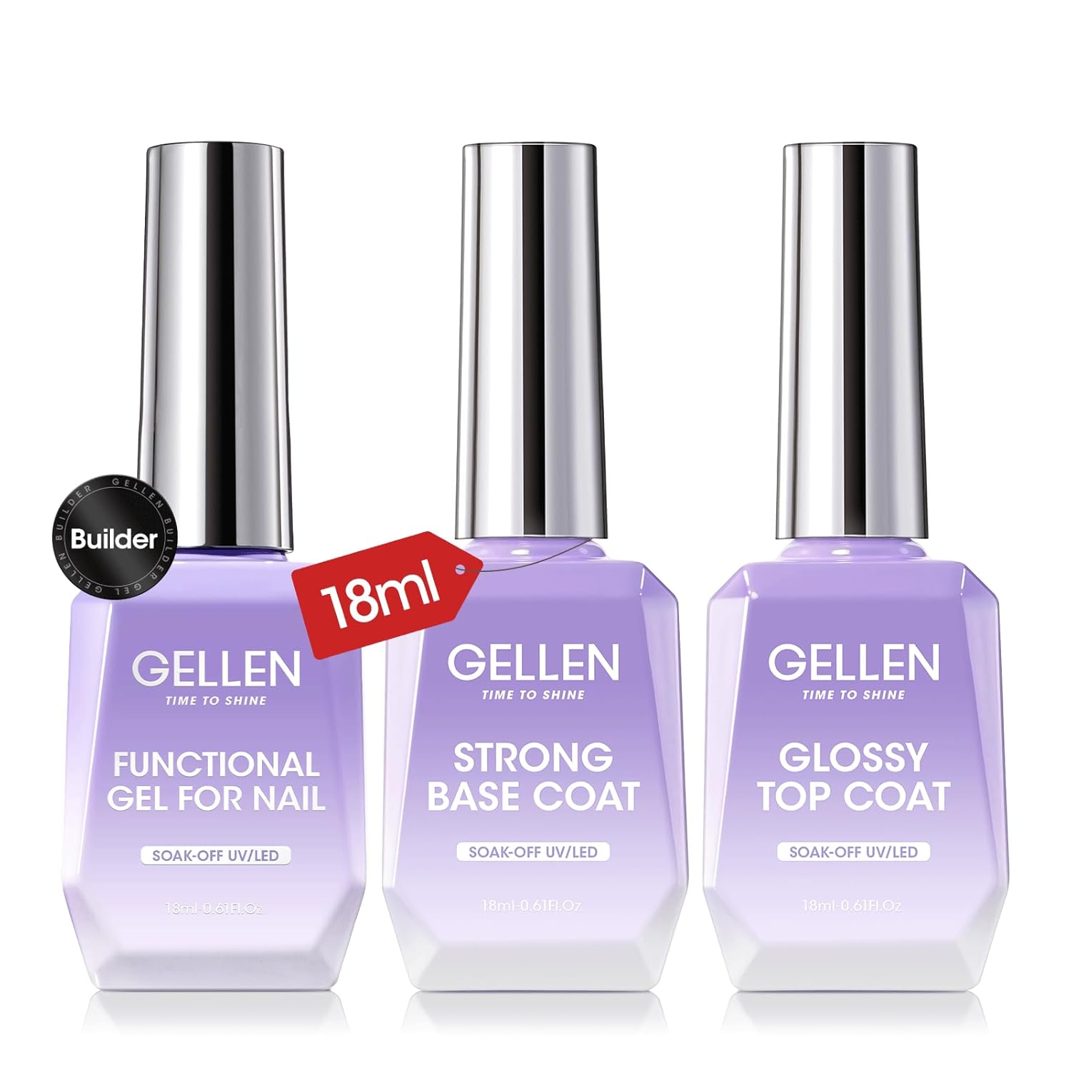 GELLEN Builder Nail Gel with Gel Top Coat Base Coat, 3 Pcs 18ml Top Coat Nail Polish Set, Soak Off Hard Builder in A Bottle for Nail Extension Strengthen Manicure Salon at Home-BrightBean Baby