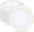 50 Pack White Plastic Bowls with Gold Rim, 12oz Disposable Soup Bowl, Heavy Duty Dinner Bowls for Party, Weddings, Dinners, Catering and Everyday Use