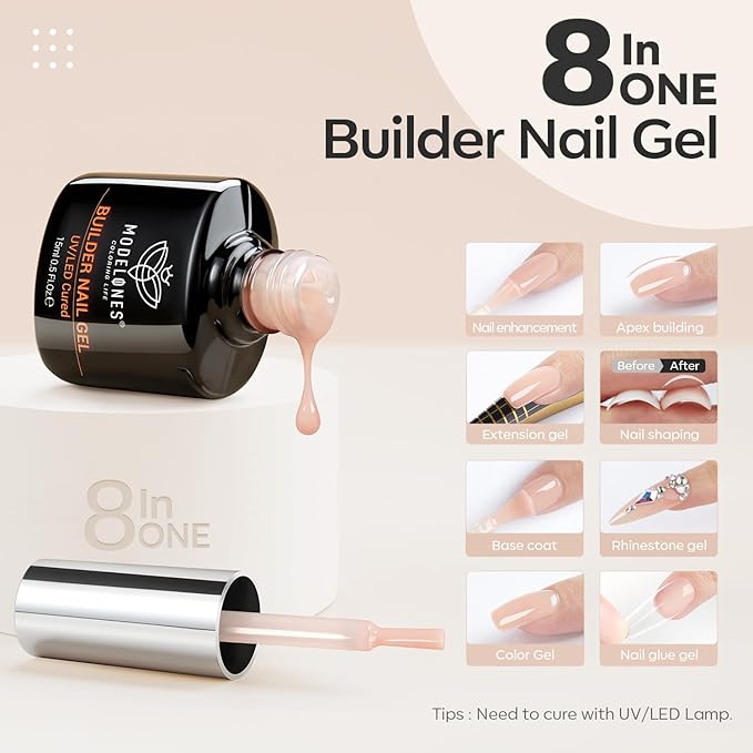 modelones 8-in-One Builder Nail Gel, Neutral Nude Builder for Thickening, LED Lamp Cured Hard Strengthener Extension Color Base Rhinestone Glue Gel Polish in a Bottle for DIY Home Salon-BrightBean Baby