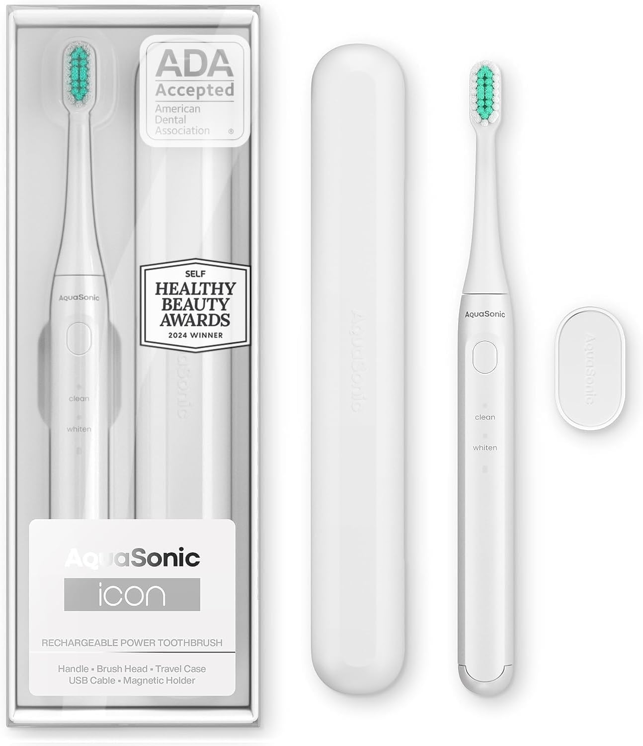 Aquasonic Icon ADA-Accepted Rechargeable Toothbrush | Magnetic Holder & Slim Travel Case | 2 Brushing Modes & Smart Timers | Gentle Micro-Vibrations (Pearl)-BrightBean Baby