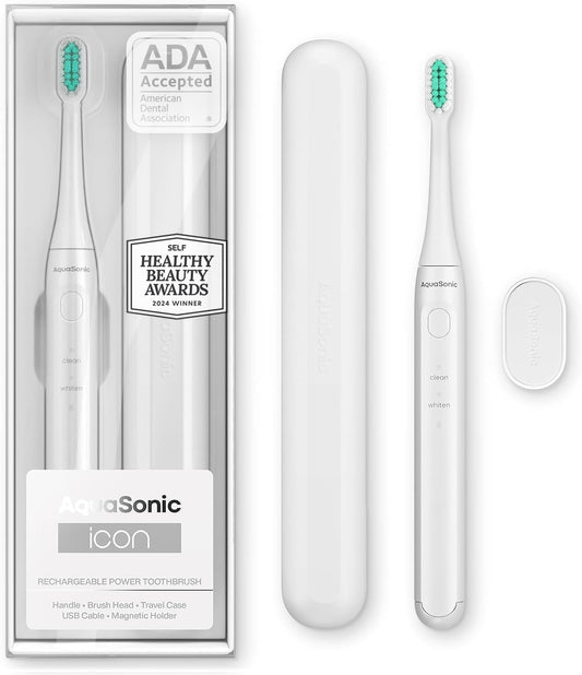 Aquasonic Icon ADA-Accepted Rechargeable Toothbrush | Magnetic Holder & Slim Travel Case | 2 Brushing Modes & Smart Timers | Gentle Micro-Vibrations (Pearl)-BrightBean Baby