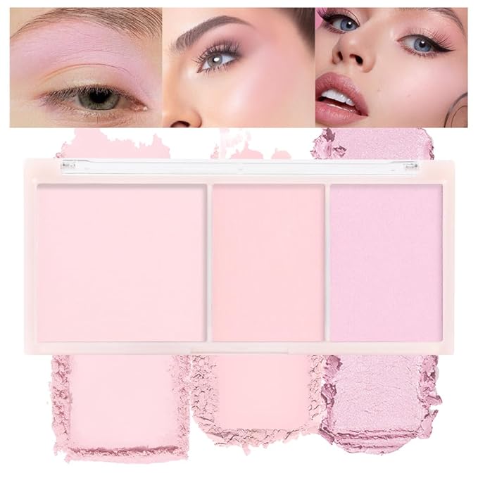 3 IN 1 Brown Nude Face Highlight Bronzer Powder Palette for Face Cheeks Contour Brightening, Buildable Matte Coverage Natural Makeup,Ultra Sculpt Nose Shadow Eyeshadow Primer-Pink-BrightBean Baby
