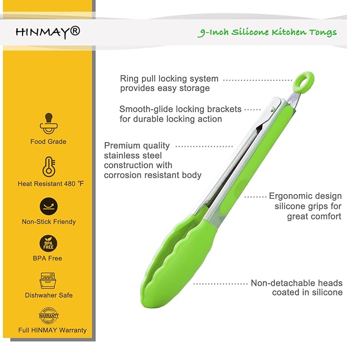 Silicone Tongs 9-Inch Stainless Steel Locking Kitchen Tongs, Set of 3 (Green)