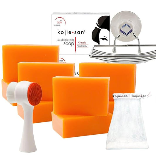 Kojie San Face & Body Shower Set - The Original Kojic Acid Soap, Dark Spot Remover Bar Soap with Coconut & Tea Tree Oil – 65g x 8 Bars with Leafa Soap Net, Brush and Soap Dish-BrightBean Baby