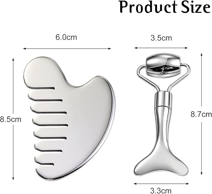 Gua Sha Facial Tool and Face Roller Set, Stainless Steel Lymphatic Drainage Massager for Face, Head, Eyes, Chin and Jaw, Lifting, Massage Scraping with Travel Pouch-BrightBean Baby
