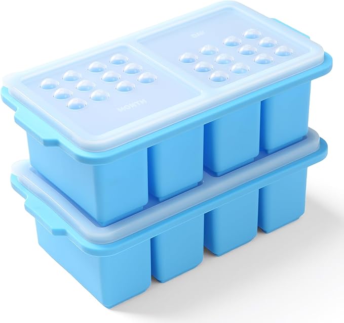 1 Cup Silicone Freezer Tray Ice Cubes with Lids and Date Mark for Storing Lasagna Leftovers Sauces Portioned Meals and More, Silicone Soup Freezer Molds for Meal Prepping 2 Pack Blue