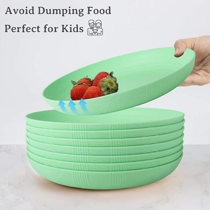 Wrova Wheat Straw Plates - 10 Inch Unbreakable Dinner Plates Set of 8 - Dishwasher & Microwave Safe Plastic Plates Reusable for Kitchen and Camping (Light Green)