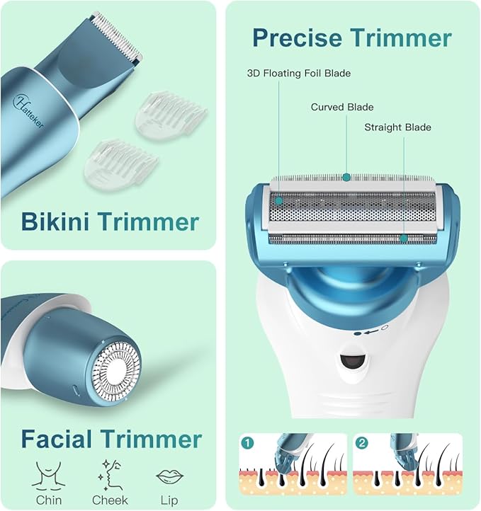 Hatteker Women's Electric Shaver Bikini Trimmer Hair Trimmer for Women Electric Razor for Legs Bikini Underarm Public Hairs Led Display IPX7 Waterproof Gift for Women (Blue)-BrightBean Baby