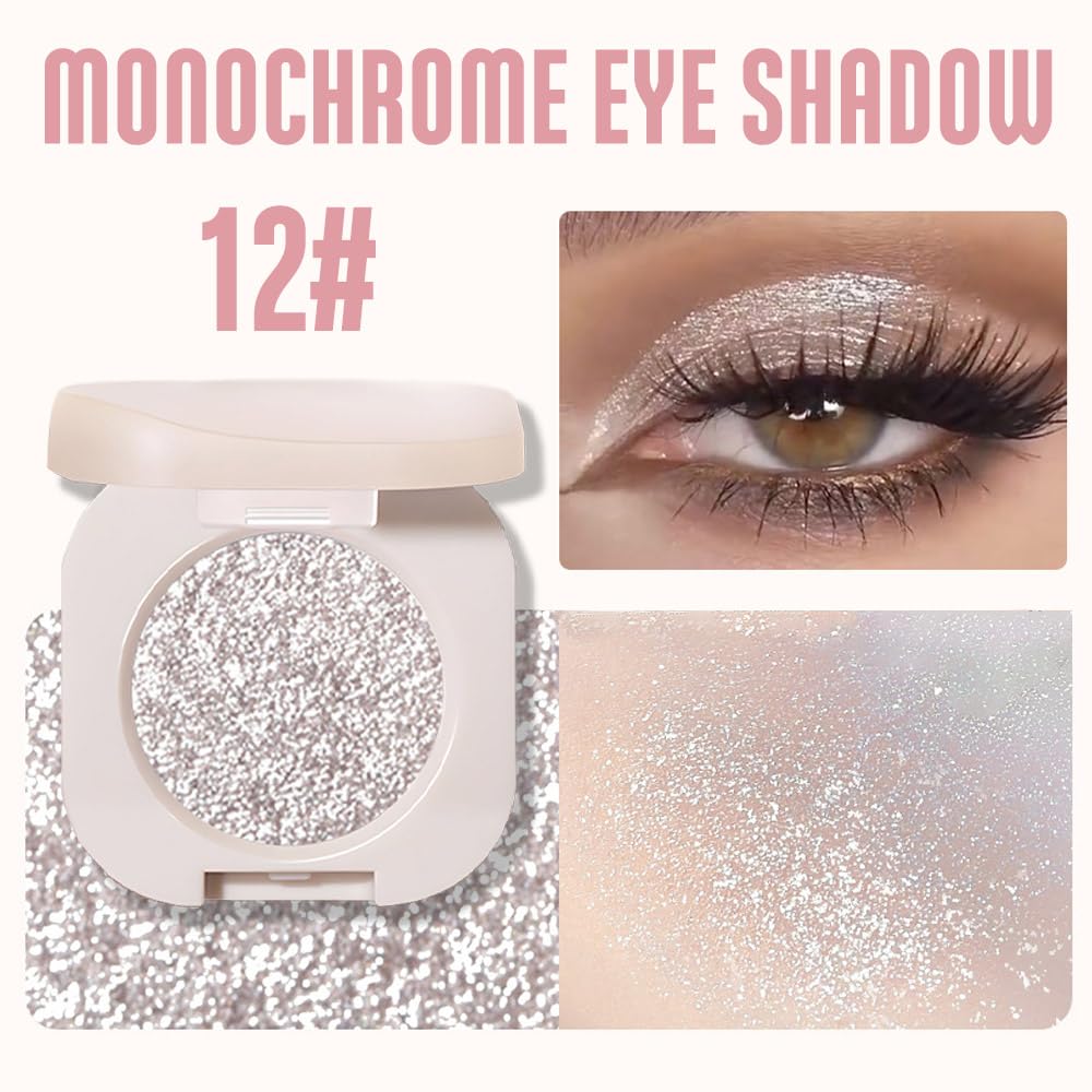 Monochrome Glittler Shimmer Eyeshadow Palette,Silver Gray White Shimmer Powder Eyeshadow,24 Hour Waterproof Pressed Glitter Single Eye Shadow Apply Makeup Easily-BrightBean Baby