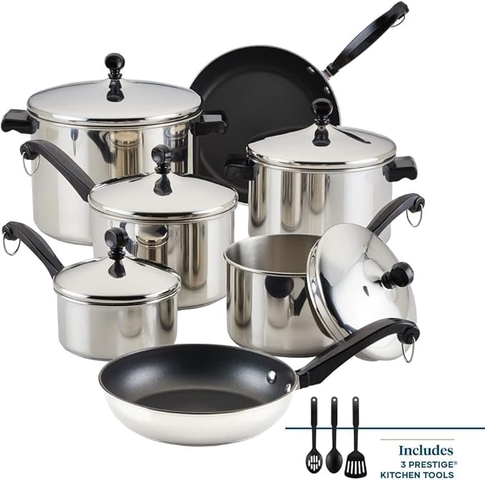 Farberware Classic Stainless Steel Cookware Set 15-Piece - Complete Kitchen Pots and Pans