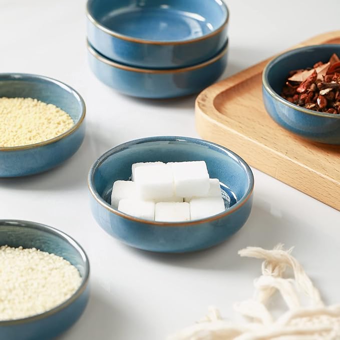 Selamica Ceramic 3.3 Inch Soy Sauce Dish Dipping Bowls Side Dishes Small Appetizer Pinch Bowls for Condiments, Sushi, Ketchup, BBQ-Set of 6(Ceylon Blue)