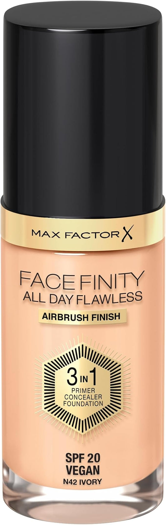 Max Factor Facefinity 3-in-1 All Day Flawless Liquid Foundation, SPF 20-42 Ivory, 30 ml-BrightBean Baby