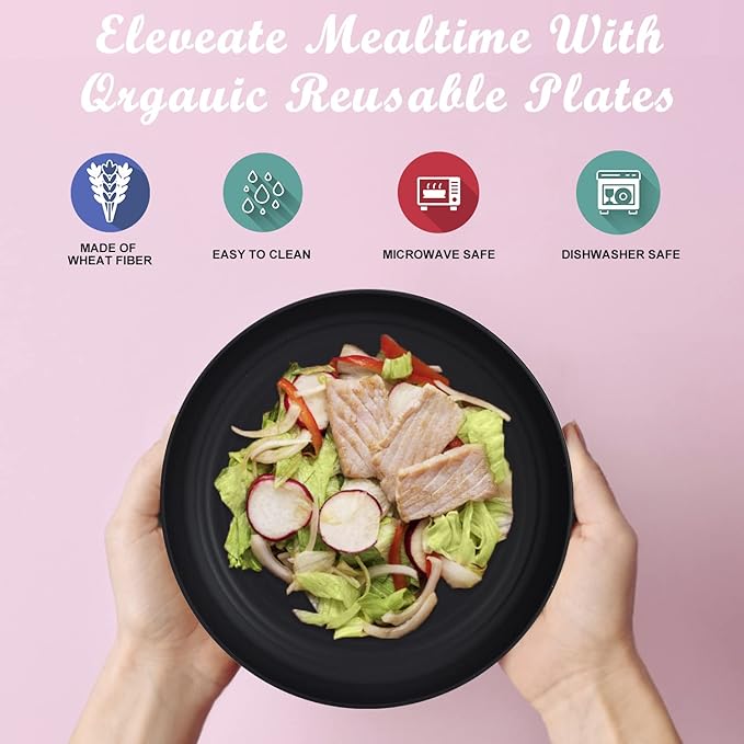 Wrova Wheat Straw Plates - 8 Inch Unbreakable Dinner Plates Set of 8 - Dishwasher & Microwave Safe Plastic Plates Reusable - Lightweight Plates for kitchen,R.V (pure black)