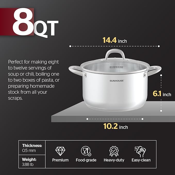 SUNHOUSE 8 Quart Stock Pot with Lid - Tri-Ply Stainless Steel Large Capacity Pot