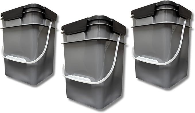 House Naturals 4 Gallon Square Food Grade Bucket Pail with Plastic Handles and Lid (Pack of 3) Made in USA containers (Gray)