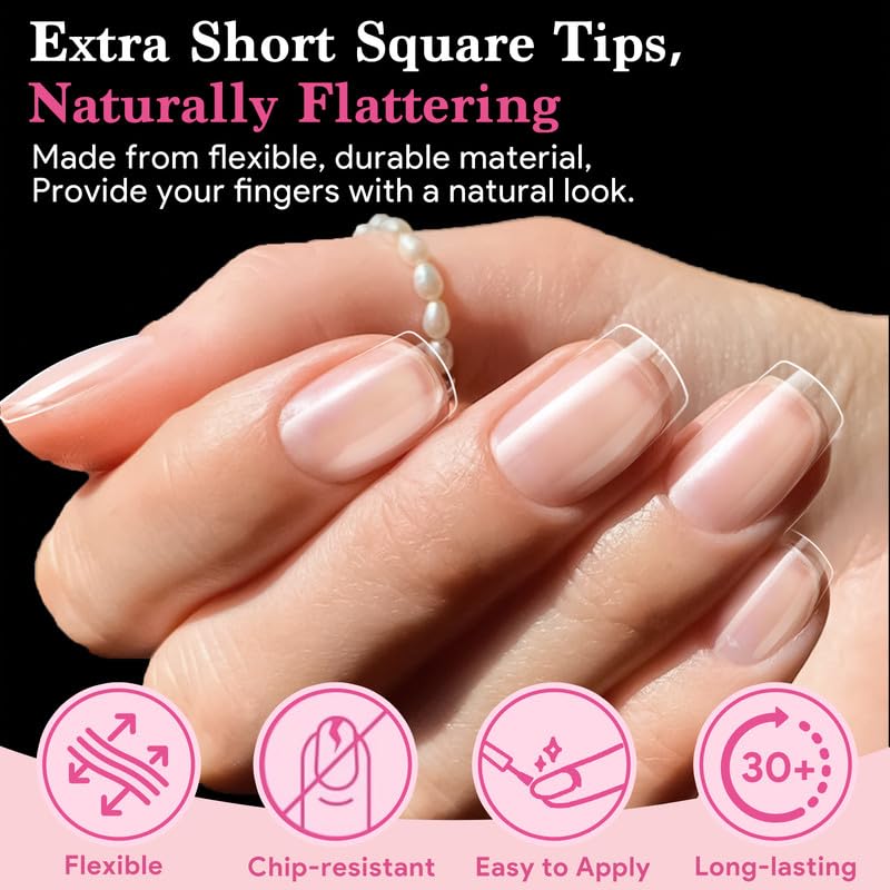 Extra Short Square False Nail Tips, 15 Sizes 510 PCS Clear French Press On Fake Nail Pre-shaped Half Matte Full Cover Gel Nail Tip Extensions Thick Long Lasting for DIY Beginners & Salon Manicure-BrightBean Baby