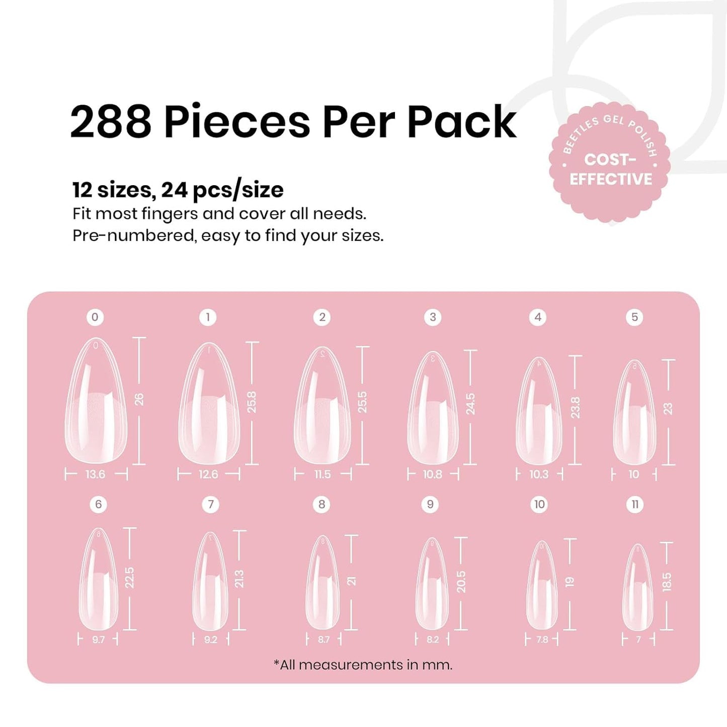 Beetles Gel Nail Tips Medium Almond Etch X Nail Tips, 12 Sizes 288 PCS Half Matte Full Cover False Nails Clear Acrylic Nails Glue on Nails DIY Gift for Women-BrightBean Baby