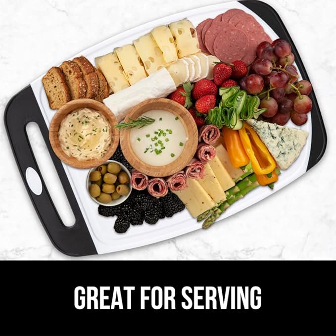 GORILLA GRIP BPA-Free Reversible Kitchen Cutting Board Set of 3, US Designed, Nonporous, Juice Grooves Catch Liquid, Slip Resistant Border, Dishwasher Safe Large Food Chopping Boards, Black Aqua Gray