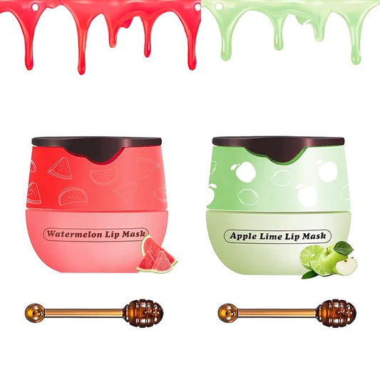 2 PCS Bee Lip Balm Honey Pot, Watermelon Apple Bee Lip Balm Sleeping Lip Mask Overnight with Sticks, Honey Pot Lip Balm Hydrating Exfoliating Prevention Dry and Crack Lip Scrubs-BrightBean Baby