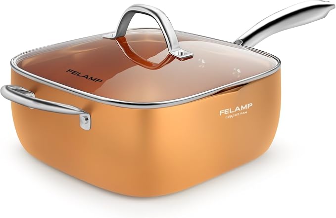 FELAMP 9.5 Inch Ceramic Nonstick Deep Square Frying Pan Set - 4 Piece Copper Cookware