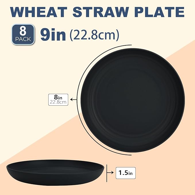Wrova Wheat Straw Plates - 9 Inch Unbreakable Dinner Plates Set of 8 - Dishwasher & Microwave Safe Plastic Plates Reusable - Lightweight Plate for kitchen,camping (pure black)