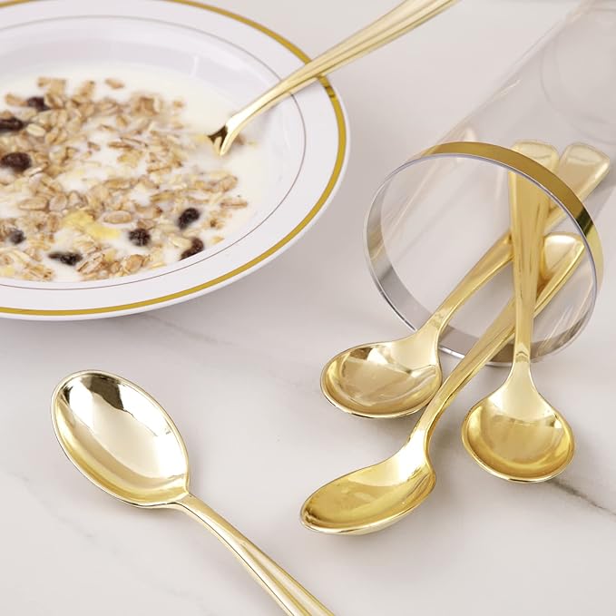 Liacere 200 Pack Gold Plastic Spoons - 6.7 inch Heavy Duty Plastic Spoons - Heavyweight Gold Disposable Spoons for Parties & Weddings & Restaurants & New Year & Fall Decor