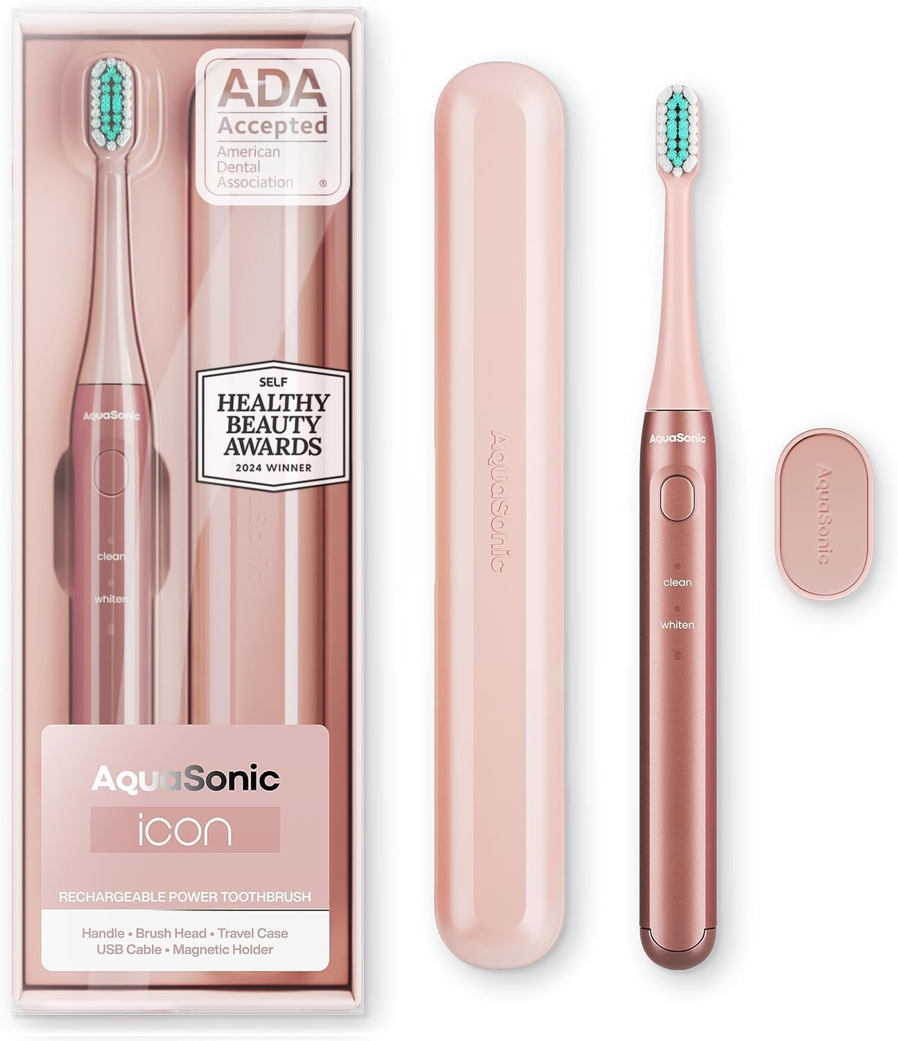 Aquasonic Icon ADA-Accepted Rechargeable Toothbrush | Magnetic Holder & Slim Travel Case | 2 Brushing Modes & Smart Timers | Gentle Micro-Vibrations (Blush)-BrightBean Baby