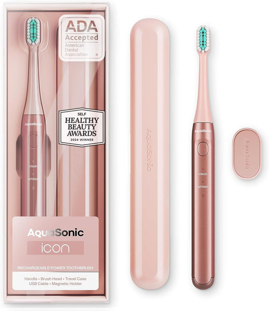 Aquasonic Icon ADA-Accepted Rechargeable Toothbrush | Magnetic Holder & Slim Travel Case | 2 Brushing Modes & Smart Timers | Gentle Micro-Vibrations (Blush)-BrightBean Baby