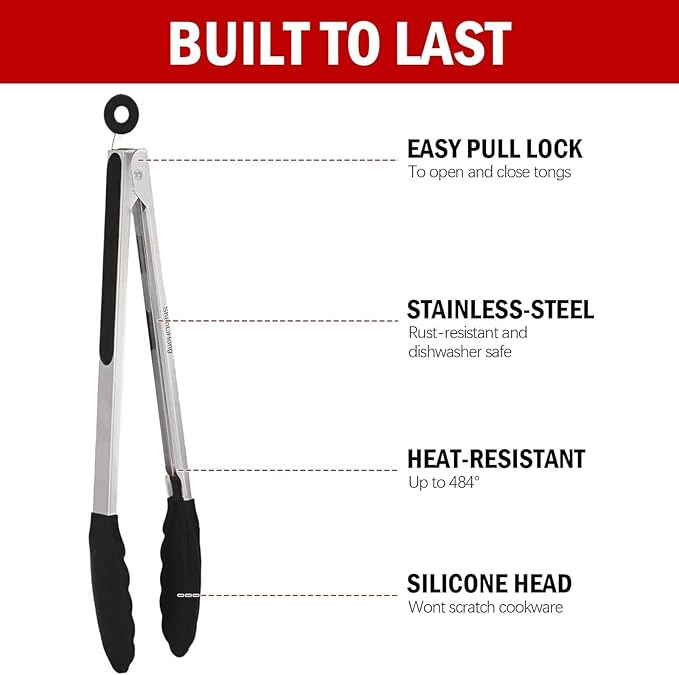 Silicone Kitchen Tongs for Cooking - 9+12 Inch Heat-Resistant Stainless Steel Cooking Tongs with Non-Slip Handle, Non-Scratch Tips for, BBQ, Salad & Air Fryer - 2-PieceRedSet