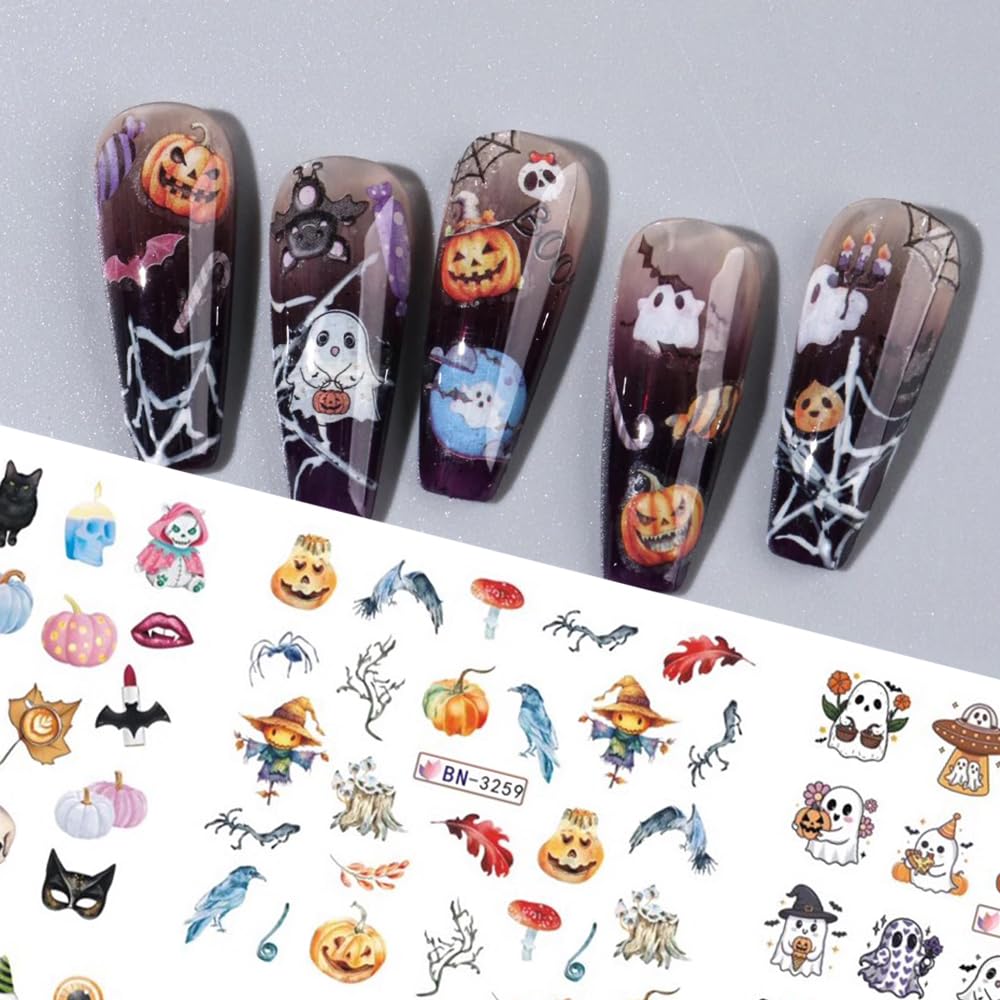 Halloween Nail Decals - Cute Cartoon Water Transfer Foil for Women - Pink Pumpkin Ghost Skeleton Witch Bat Designs - DIY Nail Art Decor - 12Pcs-BrightBean Baby