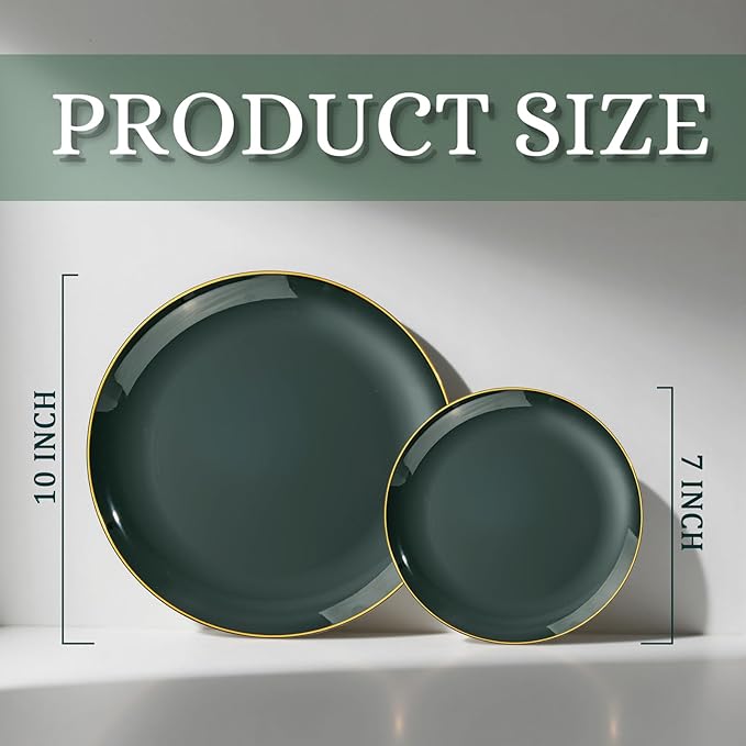 bUCLA 200PCS Green Plastic Plates - Green Disposable with Gold Rim Include 100 Dinner 10 inch & 100 Dessert 7 inch Plates, Ideal for Party & Christmas