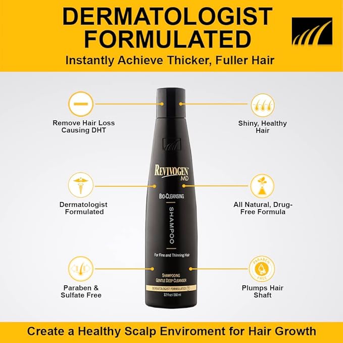 Revivogen MD Bio-Cleansing Shampoo for Thinning Hair, DHT Blocker Shampoo, Hair Loss Shampoo, Shampoo Thinning Hair, Soothes Scalp, Routine Shampoo for Women/Men Hair Loss, Hair Shampoo, 12oz-BrightBean Baby