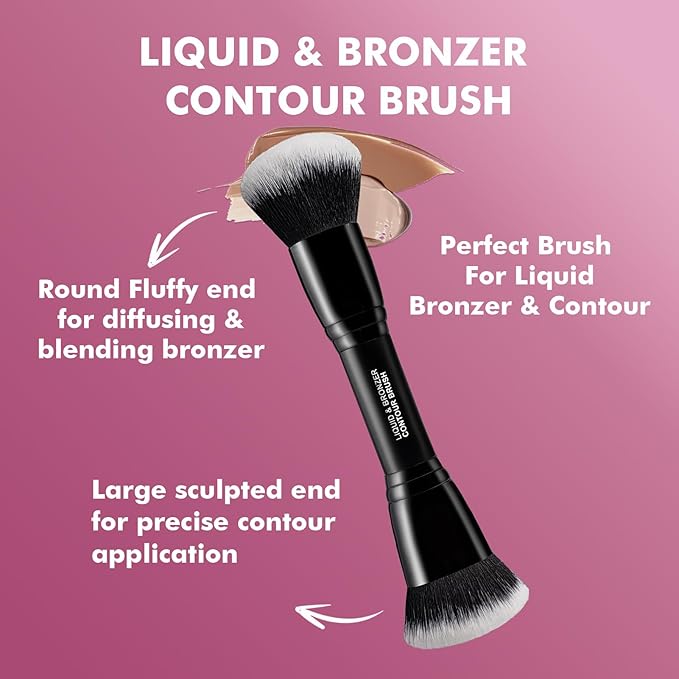Bueart Design Complexion Duo Brush and Liquid & Bronzer Contour Makeup brushes set with ultra-soft dense hair Double-ended for Foundation Liquid Cream Concealer,Vegan and Cruelty-Free,M18-BrightBean Baby