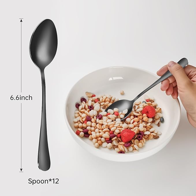 Black Spoons silverware teaspoons set of 12 dessert spoon 6.6inch Food-Grade stainless steel kitchen and dining table spoons (Black)
