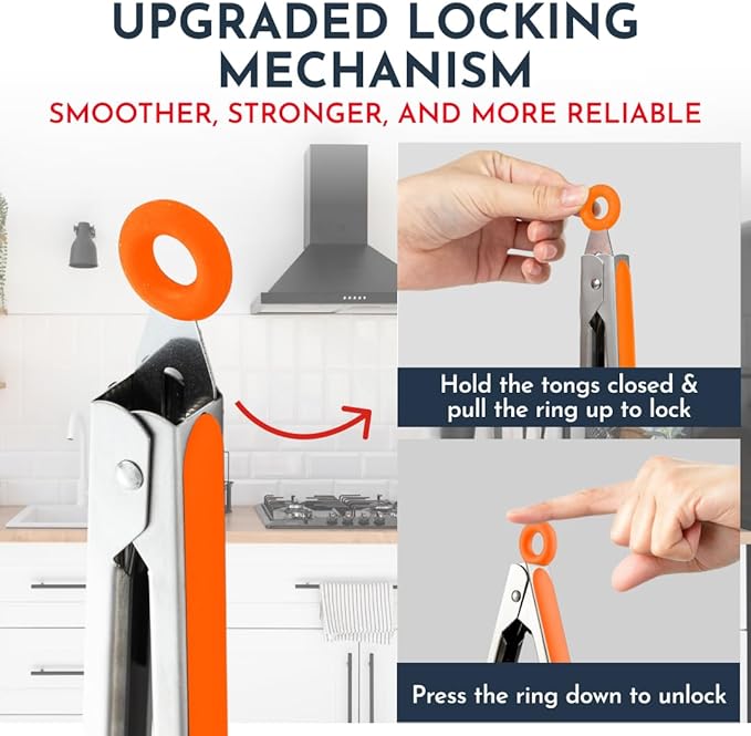 Kitchen Tongs for Cooking with Silicone Tips, Heat Resistant Tongs for Serving Food, 7-Inch, 9-Inch, 12-Inch Locking Silicone Tong, Set of 3 Salad Tong, Orange Kitchen Utensils